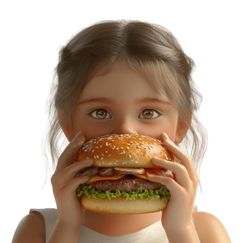 a little girl eating a hamburger on a transparent background png