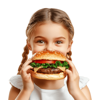 little girl eating hamburger on transparent background png