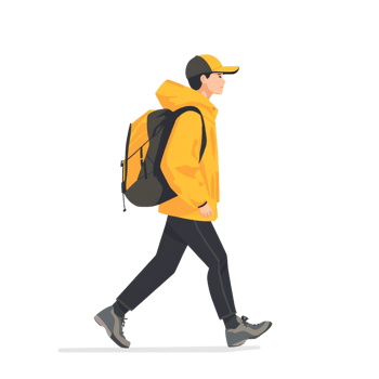A young man walks wearing a yellow jacket and backpack png