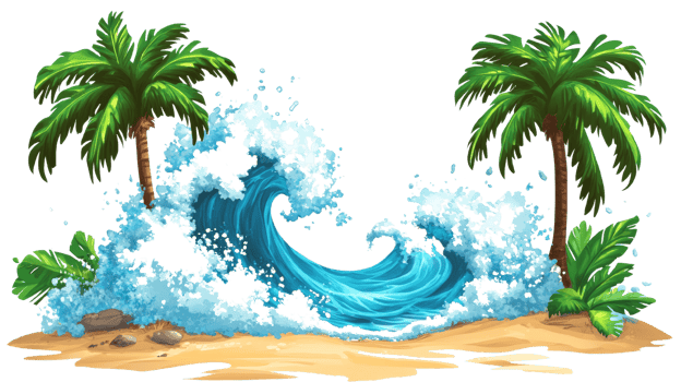 Tropical Beach Scene With Large Ocean Wave Crashing png
