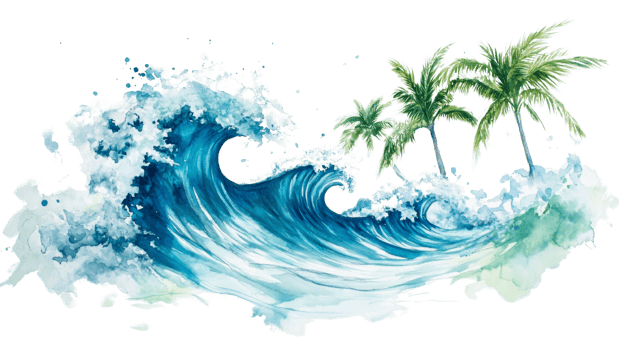Watercolor Painting of Ocean Waves and Palm Trees png