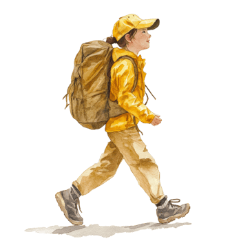Young Girl Hiking With Backpack Wearing Yellow Jacket png