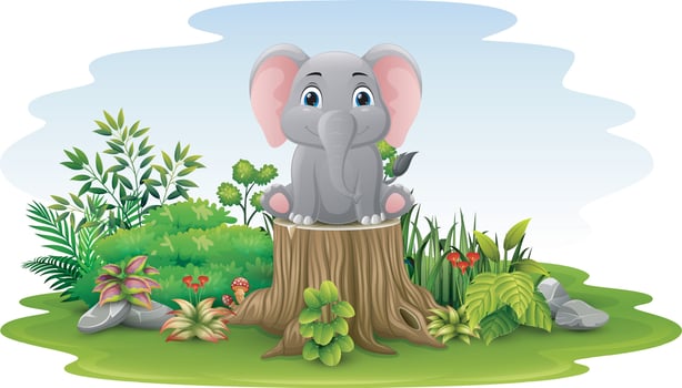 Cartoon little elephant sitting on tree stump vector