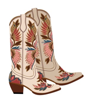 Pair of western cowboy boots. Stylish cowgirl boots embroidered with traditional floral symbols. Realistic hand drawn illustration isolated on white background. vector