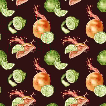 Citrus ripe fruits with juicy splash on watercolor seamless pattern isolated on dark. Hand drawn bright summer plants bergamot and grapefruit in botanical sketch style for textile, package products. vector