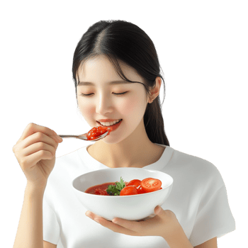 asian woman eating tomato soup with spoon png