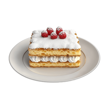 a piece of cake with cream and raspberries on top png
