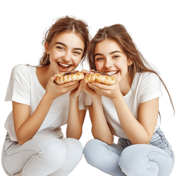 two young women eating donuts on a transparent background png