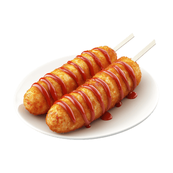 two fried chicken kabobs on a plate with ketchup png