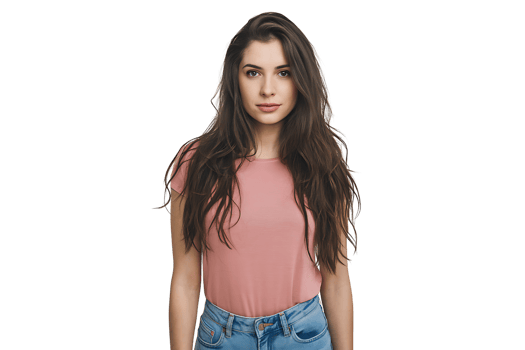 Portrait of a Young Woman with Long Brown Hair, Wearing a Pink T-Shirt isolated on transparent background png