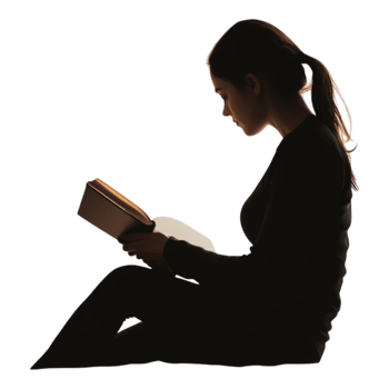 Woman reading a book, captured in high detail against a transparent background png