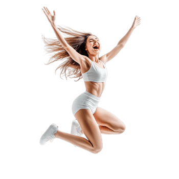 PNG Excited Young Woman Jumping in Midair with Joy Against Transparent Background for Lifestyle Branding, Energetic Campaigns, or Celebration Promotions