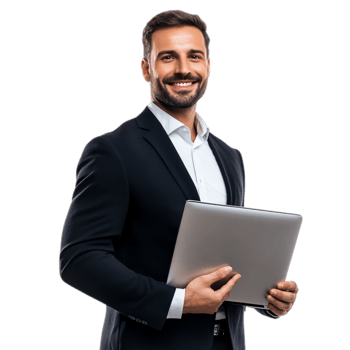 PNG Confident Businessman Holding Laptop Against Transparent Background for Corporate Branding, Business Presentations, or Professional Campaigns