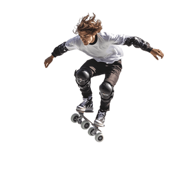 Young professional roller skater performing tricks against a transparent background png