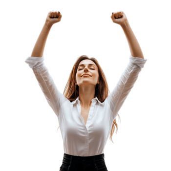 PNG Confident Woman with Hands Raised Against Transparent Background for Empowerment, Celebration Campaigns, or Motivational Branding