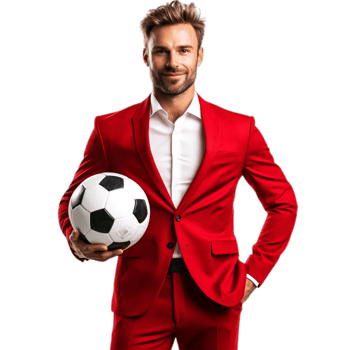 PNG Confident Man in Red Suit Holding Soccer Ball Against Transparent Background for Sports Advertising, Team Branding, or Athletic Campaigns