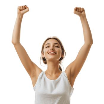 PNG Confident Woman with Hands Raised Against Transparent Background for Empowerment, Celebration Campaigns, or Motivational Branding