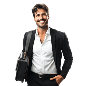 PNG Confident Businessman Smiling with Briefcase Against Transparent Background for Career Themes, Business Marketing, or Leadership Projects
