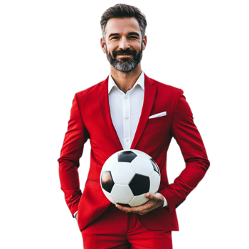PNG Confident Man in Red Suit Holding Soccer Ball Against Transparent Background for Sports Advertising, Team Branding, or Athletic Campaigns