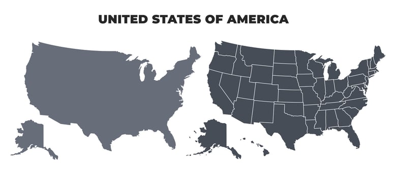 United States Of America grey political map simple flat illustration set vector