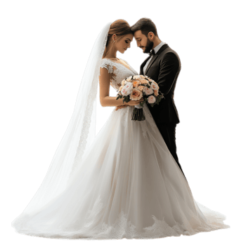 PNG Elegant Bride and Groom Posing Together on Their Wedding Day Against Transparent Background for Wedding Branding, Event Promotions, or Romantic Campaigns