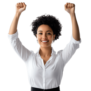 PNG Confident Woman with Hands Raised Against Transparent Background for Empowerment, Celebration Campaigns, or Motivational Branding