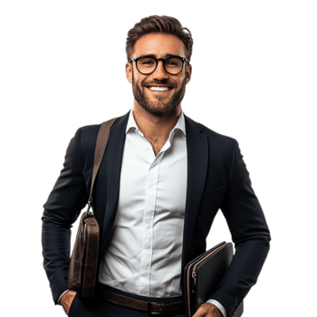 PNG Confident Businessman Smiling with Briefcase Against Transparent Background for Career Themes, Business Marketing, or Leadership Projects