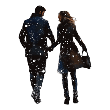 PNG Love Couple in Snow at City Street Hand-in-Hand Against Transparent Background for Romantic Winter Themes, Valentine's Day Cards, or Love Story Illustrations