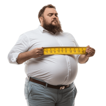 PNG Fat Man Holding Measuring Tape for Check Out Against Transparent Background for Health Branding, Fitness Campaigns, or Weight Management Advertising