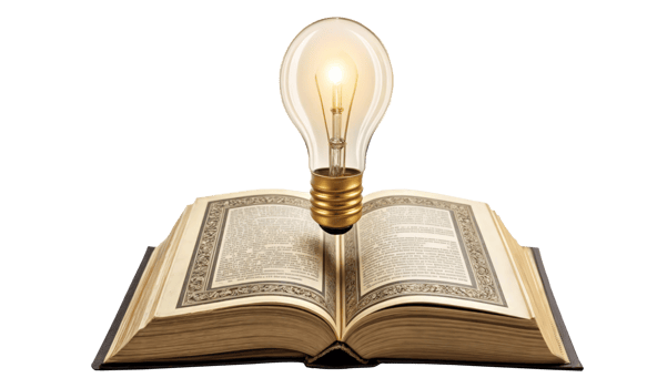 An open book that has a light bulb placed right on top of it png