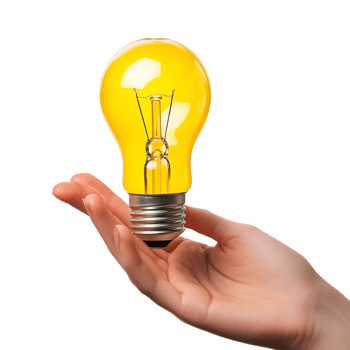 Hand presenting a yellow lightbulb on a transparent background png