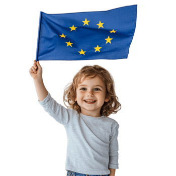 PNG Cheerful Child Waving the EU Flag with Pride Against Transparent Background for International Celebrations or Educational Projects