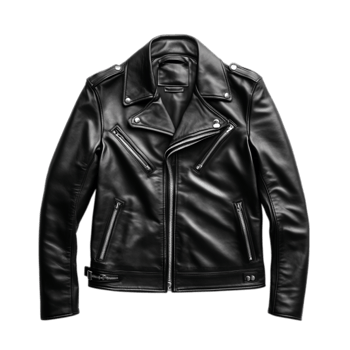 PNG Black Leather Jacket Displayed Against Transparent Background for Fashion Catalogs, Retail Promotions, or Clothing Design Projects