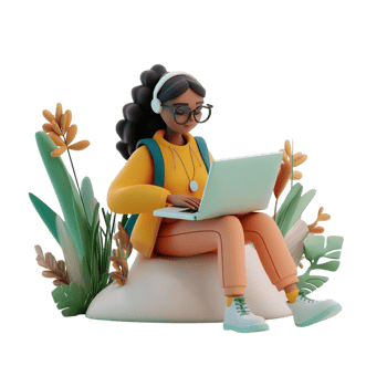 PNG 3D Render of a Woman Working on a Laptop Against Transparent Background for Remote Work, Productivity Themes, or Technology Illustrations