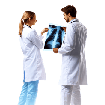 Two Young Doctors Examining X-Ray Results Isolated Against White Background png