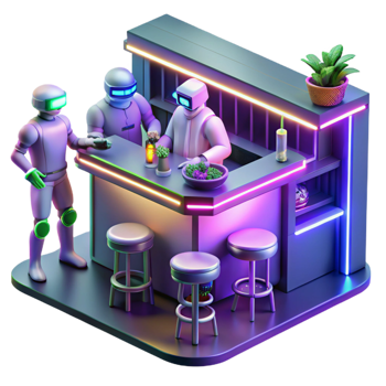 Robots at Neon Bar A whimsical 3D render of robots at a neon bar, capturing the essence of futuristic nightlife and playful design. png