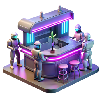 Neon Bar Robots in a Futuristic Three Dimensional Scene of Innovation png