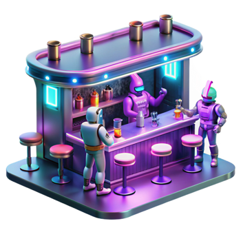 Neon Robot Bar Cyberpunk Scene - A vibrant depiction of a robot bar in a cyberpunk scene capturing the essence of advanced technology and urban nightlife png