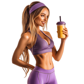 PNG Fit Woman Holding Dumbbell and Smoothie Against Transparent Background for Fitness Branding, Health Campaigns, or Active Lifestyle Promotions