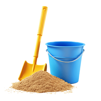 Yellow Spade and Blue Bucket with Sand Spilling 3D Rendering png