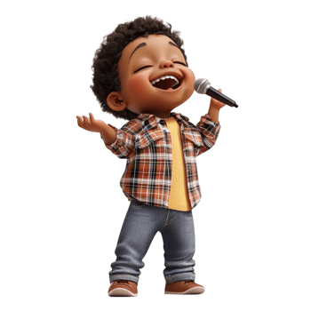 PNG Adorable 3D Render of a Happy Singing Boy Against Transparent Background for Entertainment Designs, Youthful Themes, or Cartoon Illustrations