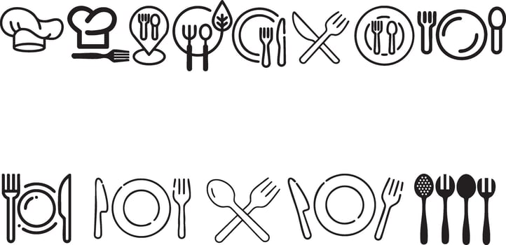 Catering thin line icon set. Containing fork, spoon, knife, plate, cloche, tray, chef hat, beverage, food, dining table, and waiter. Cutlery or tableware in restaurant.illustration vector