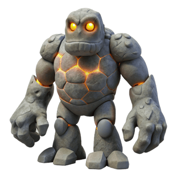 Stone Golem 3D Render A dynamic depiction of a golem navigating a world of stones, captured in a stunning three-dimensional render. png