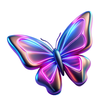 Neon Butterfly 3D Render - A vibrant 3D render of a butterfly illuminated with neon colors highlighting its dynamic and modern aesthetic png