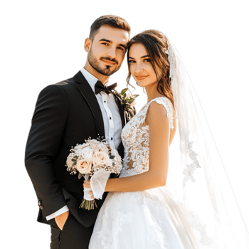 PNG Elegant Bride and Groom Posing Together on Their Wedding Day Against Transparent Background for Wedding Branding, Event Promotions, or Romantic Campaigns