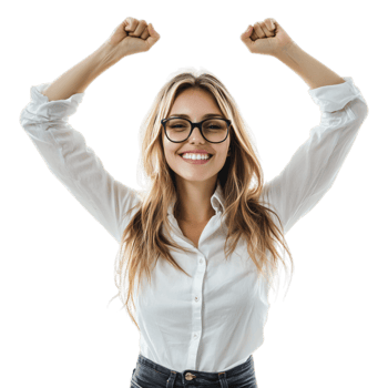 PNG Confident Woman with Hands Raised Against Transparent Background for Empowerment, Celebration Campaigns, or Motivational Branding