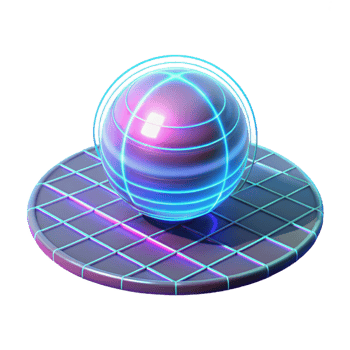 Neon Sphere on Grid 3D Render A dynamic depiction of a sphere glowing with neon colors, perched on a grid in a stunning three-dimensional render. png