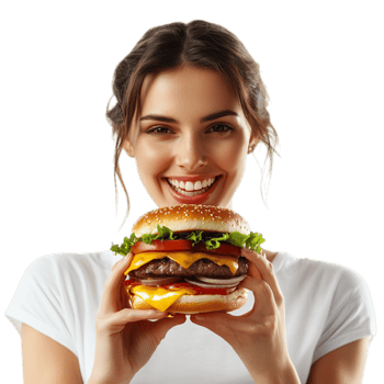 PNG Confident Woman Enjoying a Delicious Double Cheeseburger Against Transparent Background for Food Marketing, Restaurant Advertising, or Casual Dining Themes