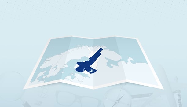 Map of Finland with the flag of Finland in the contour of the map on a trip abstract backdrop. vector