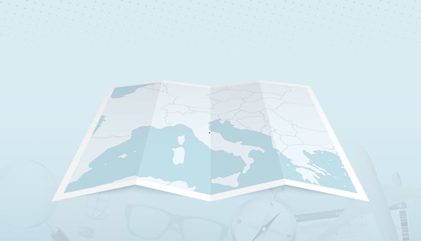 Map of San Marino with the flag of San Marino in the contour of the map on a trip abstract backdrop. vector